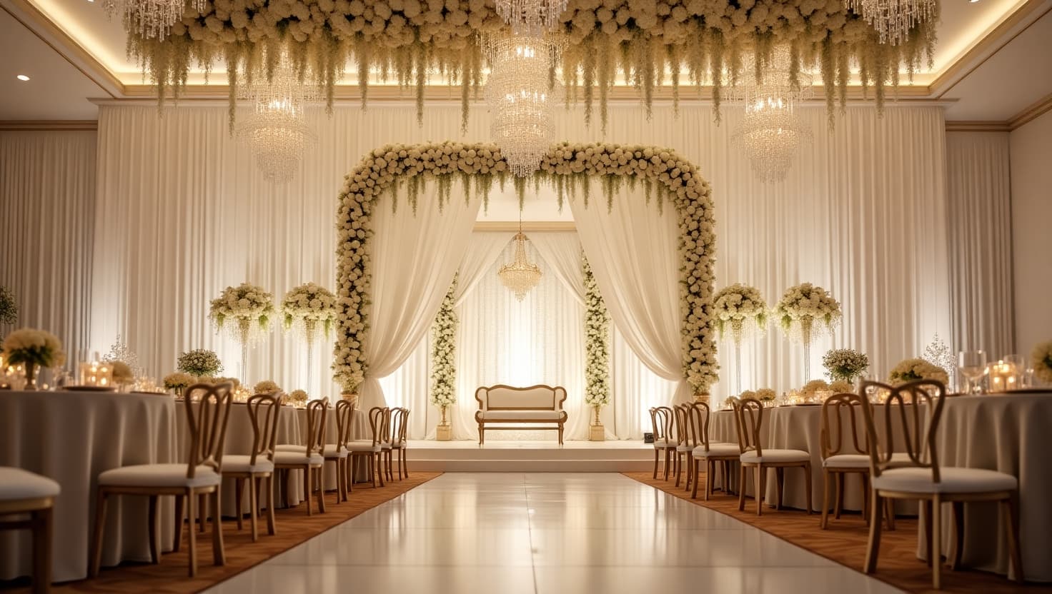 Elegant wedding decoration with floral mandap