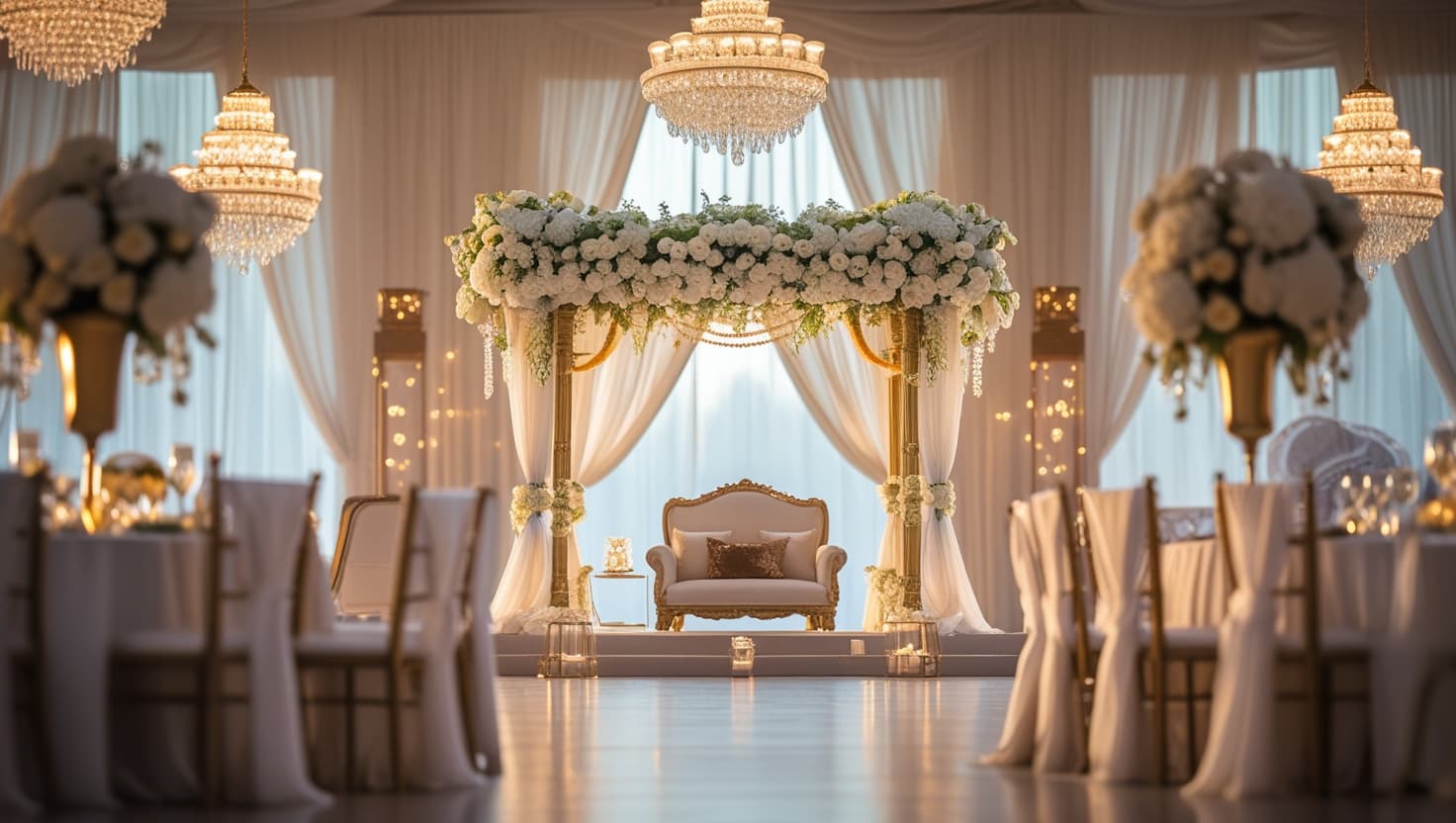 Outdoor event setup with lights and decorations